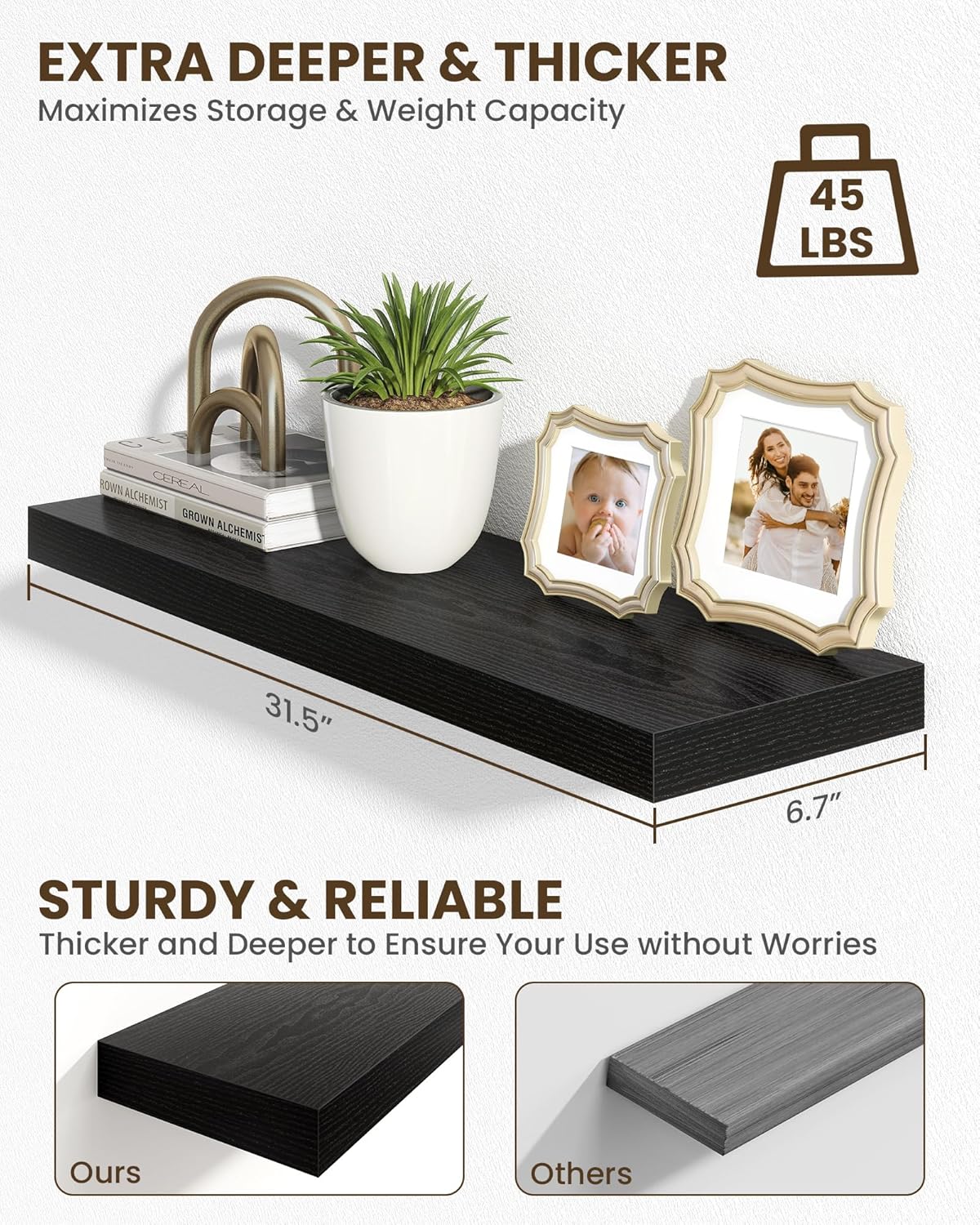 Marsmiles 31.5" Floating Shelves for Wall, Wooden Shelves with Invisible Brackets Set of 2, Rustic Farmhouse Wall Mounted Shelf for Kitchen Bathroom Living Room Study, Black