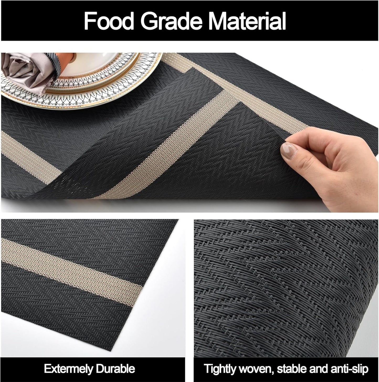 Black Placemats Set of 6 - Easy Clean Modern Durable Washable Vinyl Place Mats - Heat Resistant Placemats for Kitchen Table - PVC Table Mats for Dining Table (Black with Stripes, 6)