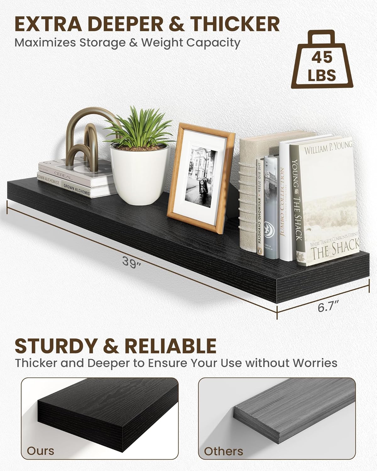 Marsmiles 39" Floating Shelves for Wall, Wooden Shelves with Invisible Brackets Set of 2, Rustic Farmhouse Wall Mounted Shelf for Kitchen Bathroom Living Room Study, Black