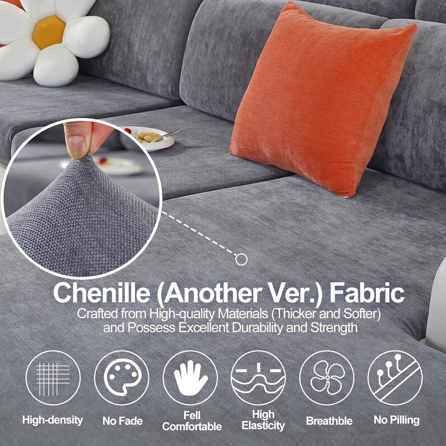 Large Backrest Cushion Covers Super Stretch Backrest Covers for 2 Cushion Couch Sofa, Couch Back Cushion Covers Featuring with Chenille Yarn (Softer Version, 2PC, Dark Grey)