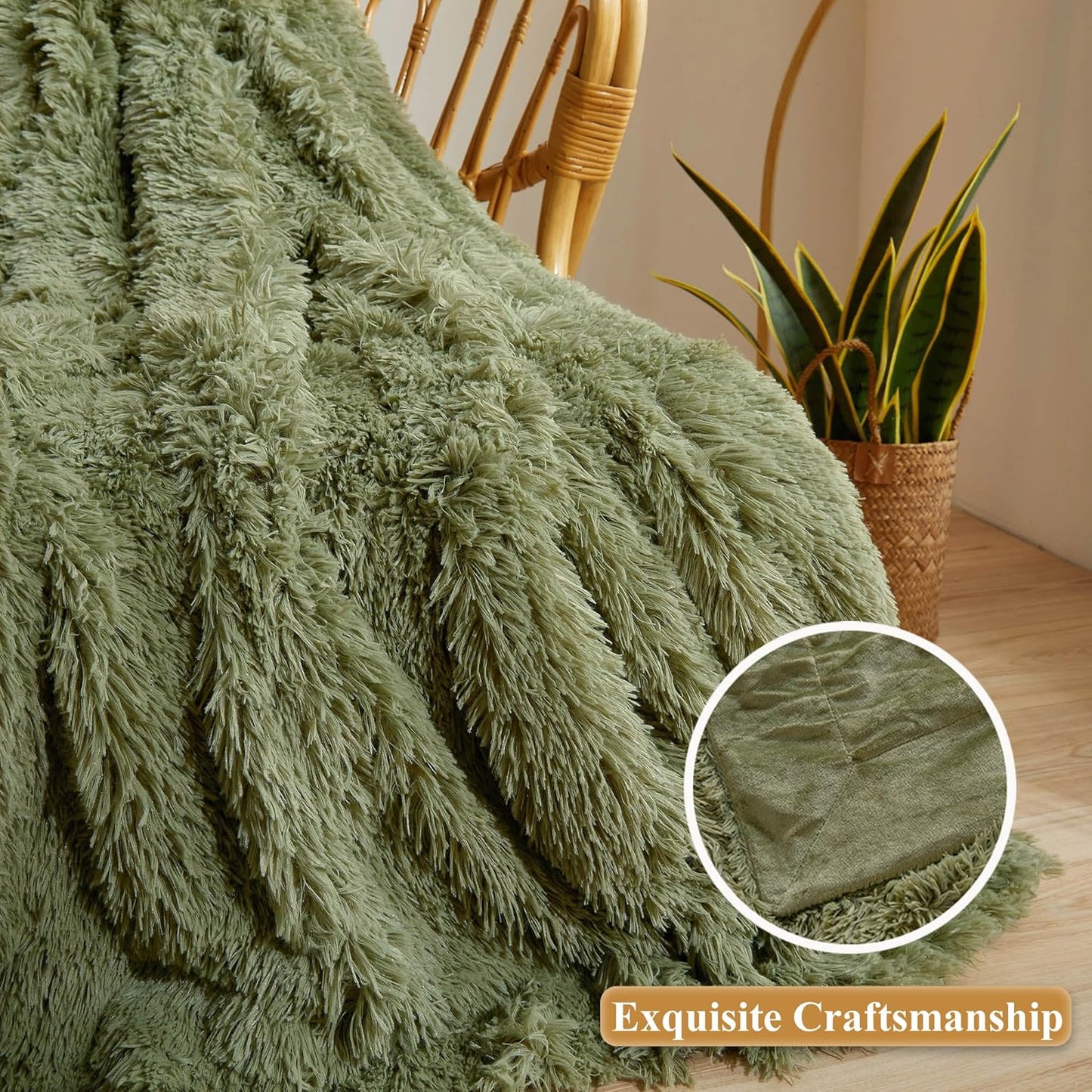 XeGe Luxury Faux Fur Blanket, Sage Green Soft Big Fluffy Throw, Shaggy Plush Decorative Couch Throw, Cute Furry Fuzzy Blanket for Bed Bedroom Living Room Sage Green, 60x90