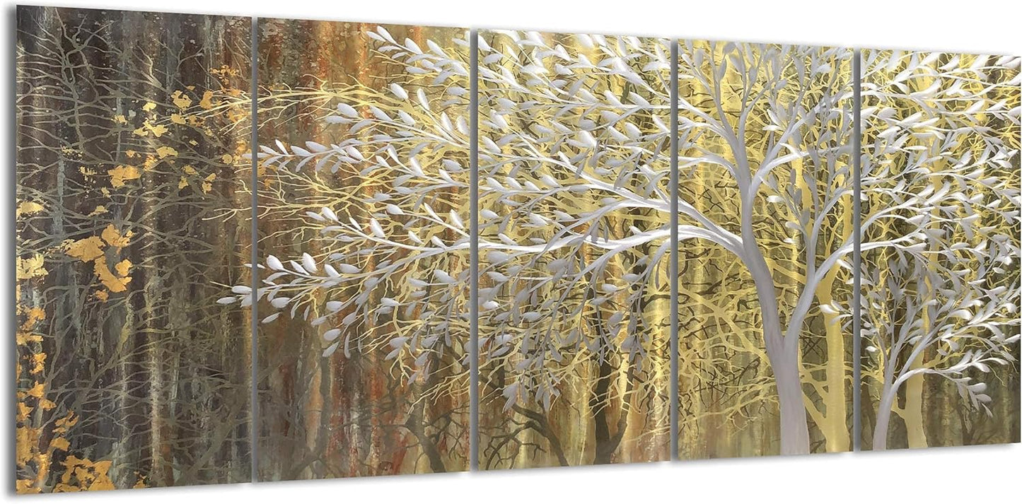 Yihui Arts Gold Metal Wall Art Handcrafted Tree on Aluminum Artwork Modern Forest Pictures with 3D for Living Room Bedroom Kitchen Decor