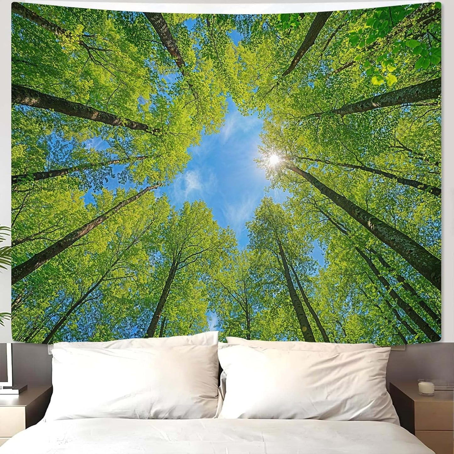AMM Nature Forest Tree Celling Tapestry Lush Green Treetops Sunlit Tapestry for Bedroom Aesthetic Sky Sunlight Canopy Leaves Landscape Tapestries Wall Hanging for Living Room Dorm Office 90 x 68 Inch
