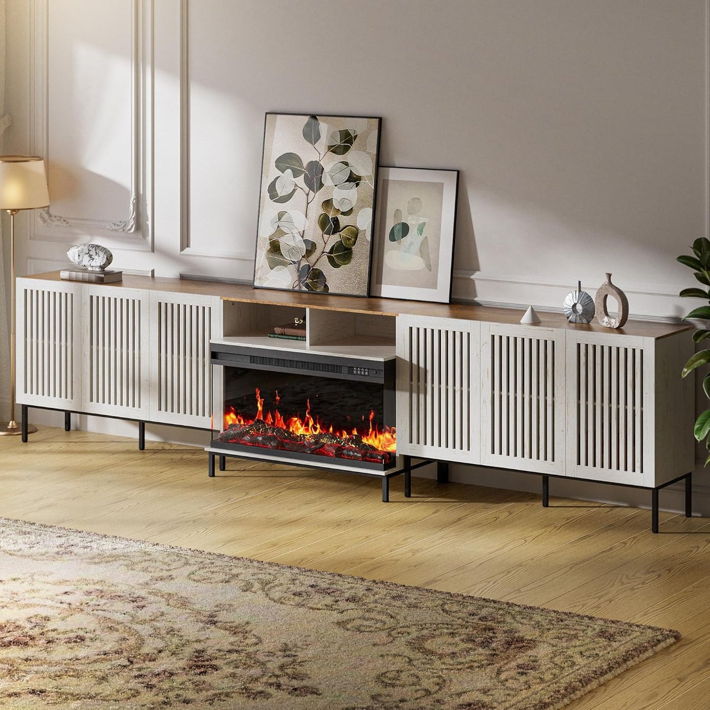 3-Sided Glass Farmhouse Fireplace TV Stand for TVs Up to 110 Inch, Entertainment Center with 36" Electric Fireplace, Antique White TV Console with Storage Cabinets for Living Room