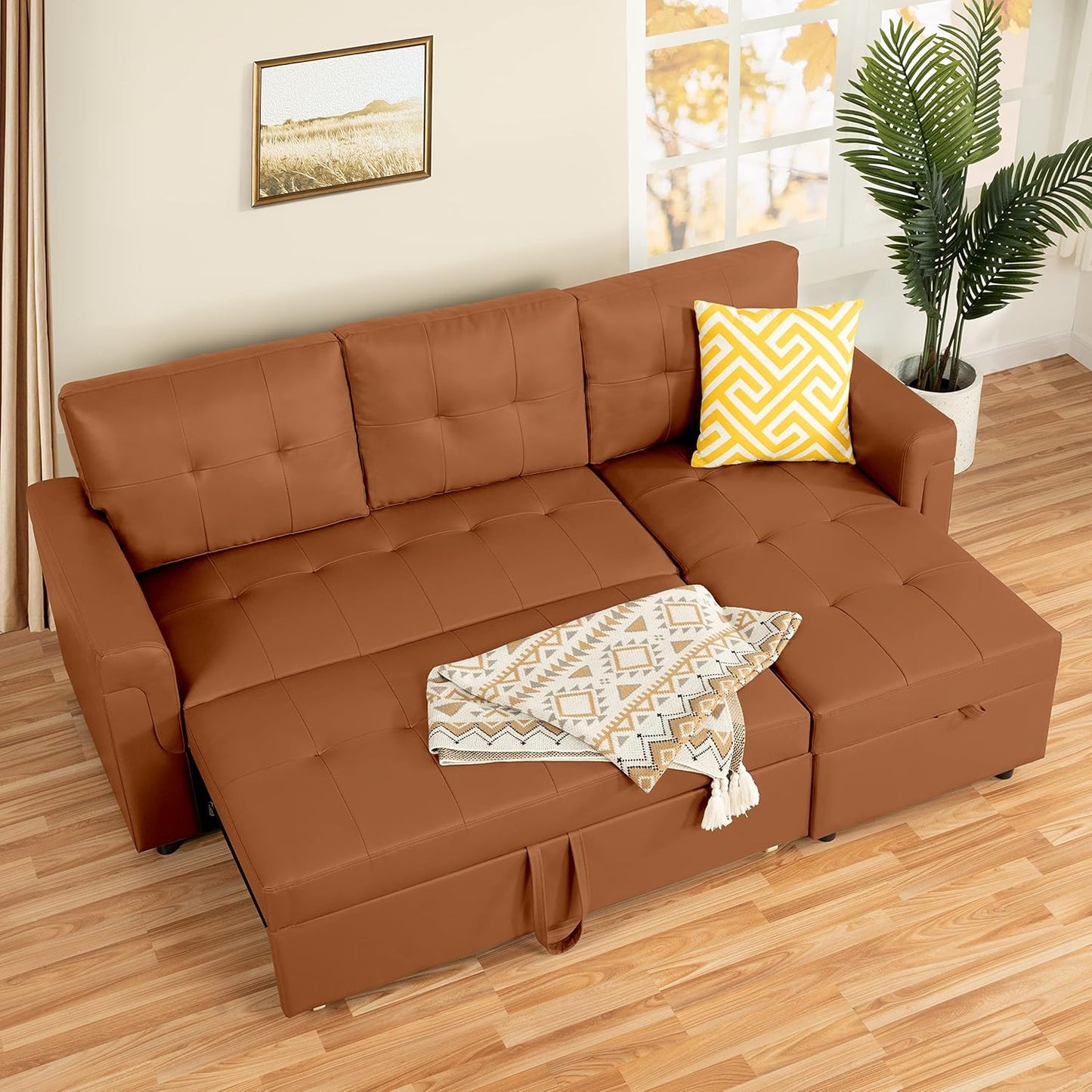 Naomi Home L-Shaped Reversible Sectional Sofa with Pull-Out Sleeper Bed and Storage Chaise, Caramel Air Leather