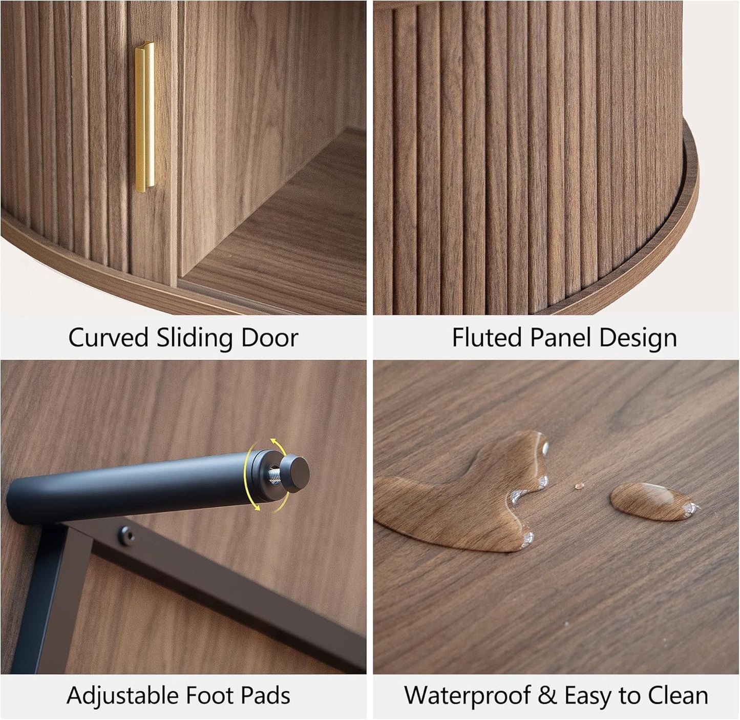 Mid Century Modern Coffee Table, 47.2" Oval Fluted Coffee Table with Storage and Sliding Doors, Minimalist Tea Table with Wood Grain Veneer, Retro Center Tables for Living Room, Walnut