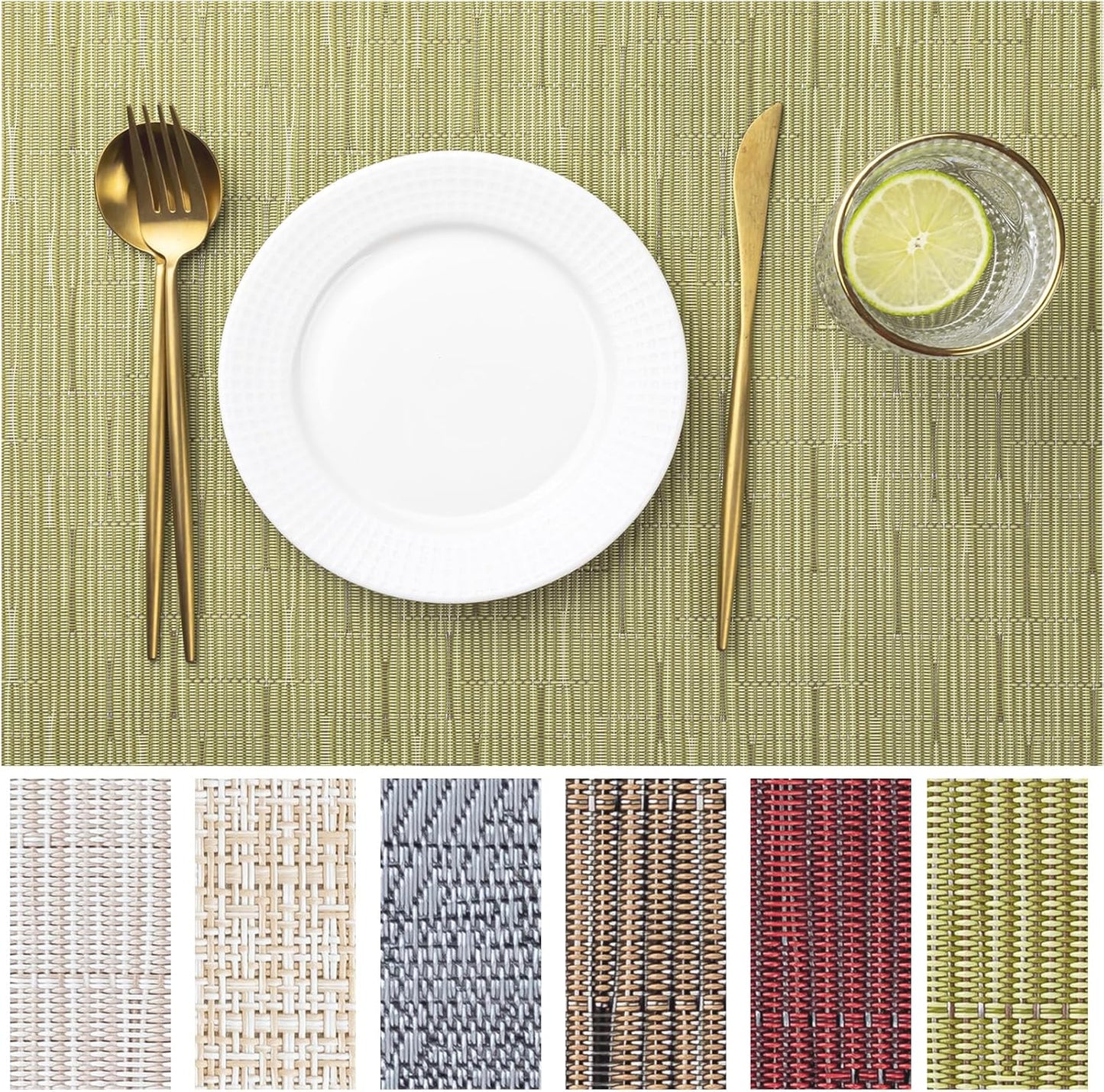 LEXMORE Placemats Set of 8 Vinyl/Plastic Woven Place Mats for Kitchen Table Indoor/Outdoor Washable Placemat Wipeable Dining Table Mats(Pea Green)