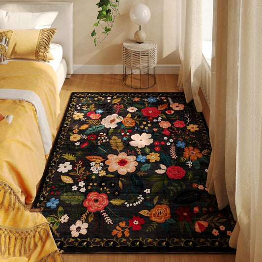 Bedroom Rug 3x5 Rug Washable Area Rug Non Slip Low Pile Boho Floral Small Carpet for Bedroom, Bedside, Kitchen, Entryway, Kids Room, Office, College Dorm Essentials for Girls(Black)