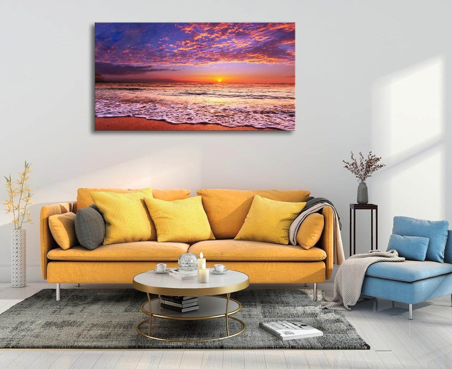 Beach Wall Art Sunset Canvas Pictures, Seascape Theme Art Wall Pictures, Coastal Ocean Wave Paintings,Modern Cloud Artwork for Bedroom Living Room Bathroom Home Office Decorations 20X40 Inches
