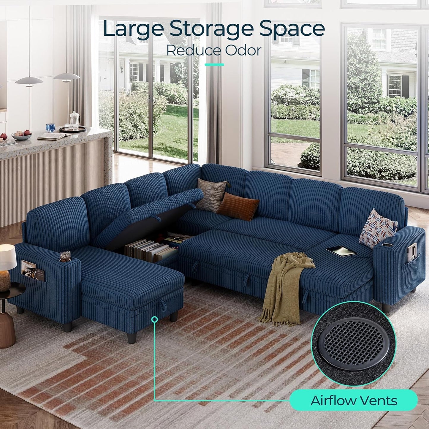 LINSY HOME Sectional Sleeper Sofa with Pull Out Couch Bed - Convertible Plush Corduroy Cloud Couch with Storage Chaise & USB Charging, Comfy Modular Couches for Living Room, Blue