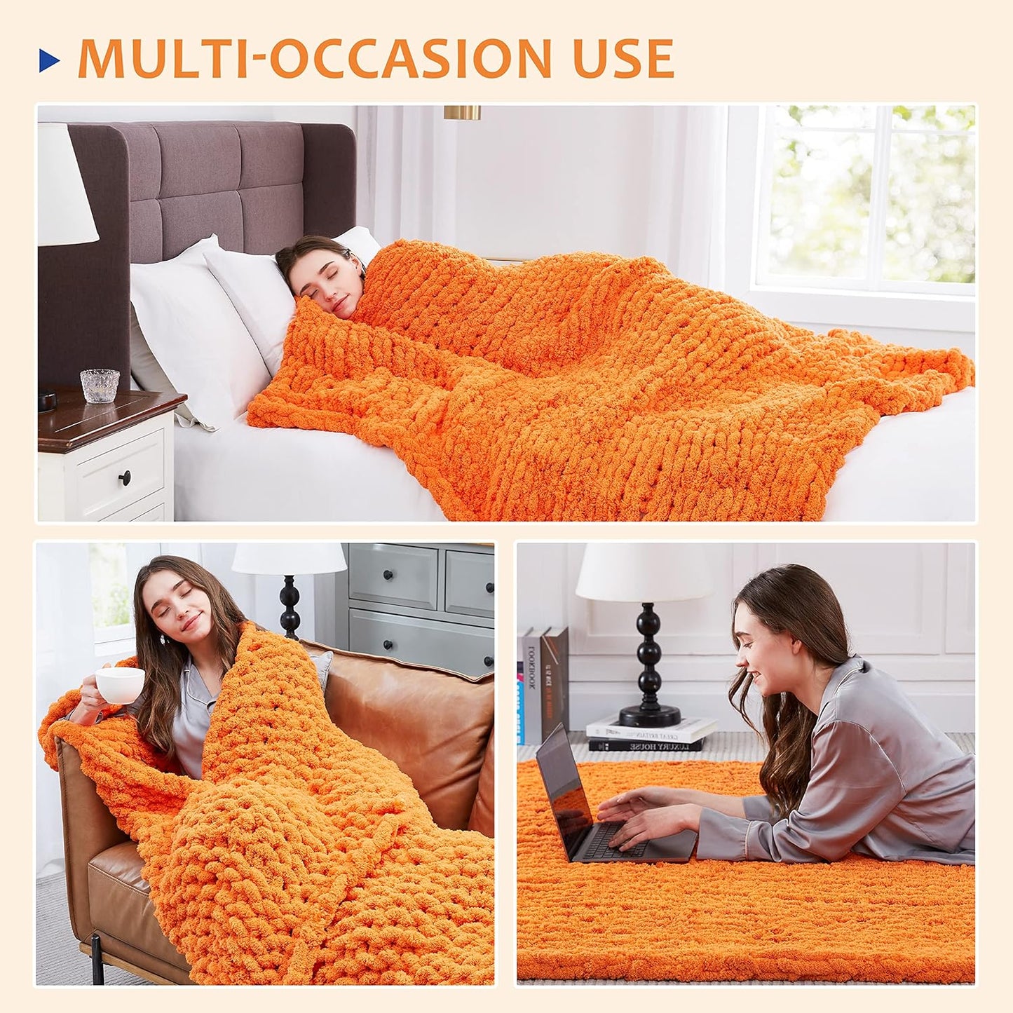 L'AGRATY Chunky Knit Blanket Throw: 50''x60'' Chenille Chunky Knitted Throw Blanket for Bed Couch - Handmade Thick Big Cable Knit Blanket - Large Chunky Crochet Rope Blanket for Home Decor(Orange)