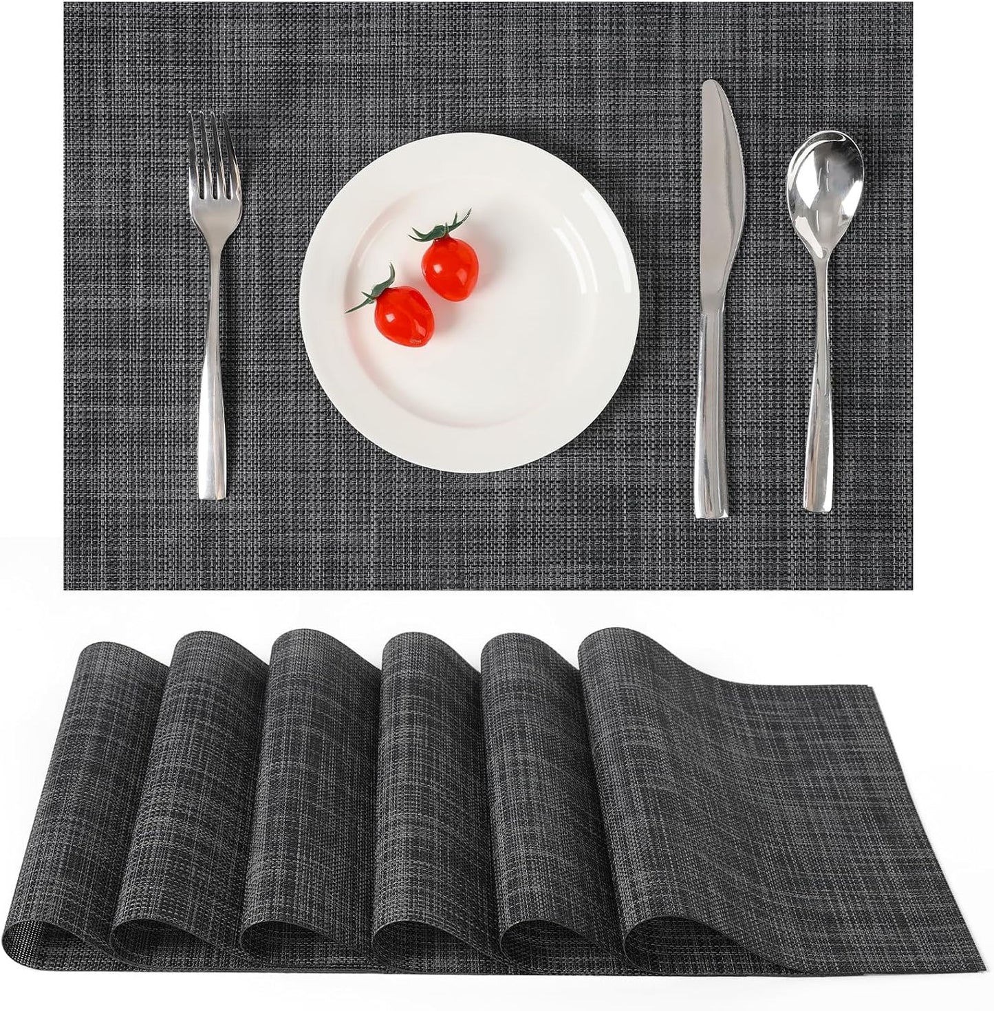 Myir JUN Placemats Set of 6, Vinyl Woven Placemats Place Mats Indoor Washable Table Mats Non-Slip Place mats for Dining Table (Dark Gray-Black, Set of 6)