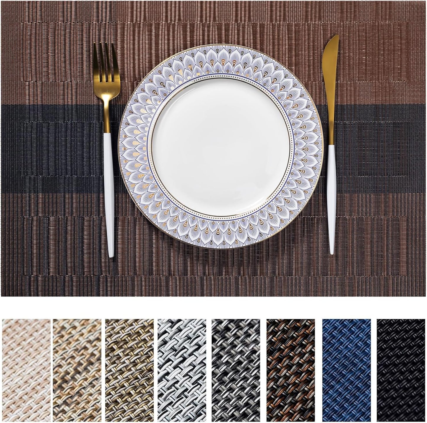 LEXMORE Placemats Set of 8 Vinyl/Plastic Woven Place Mats for Kitchen Table Indoor/Outdoor Washable Placemat Wipeable Dining Table Mats(Ombre Brown Black)