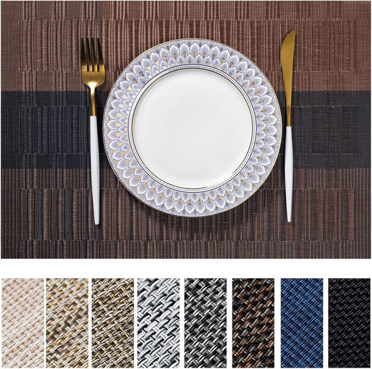 LEXMORE Placemats Set of 6 Vinyl/Plastic Woven Place Mats for Kitchen Table Indoor/Outdoor Washable Placemat Wipeable Dining Table Mats(Ombre Brown Black)
