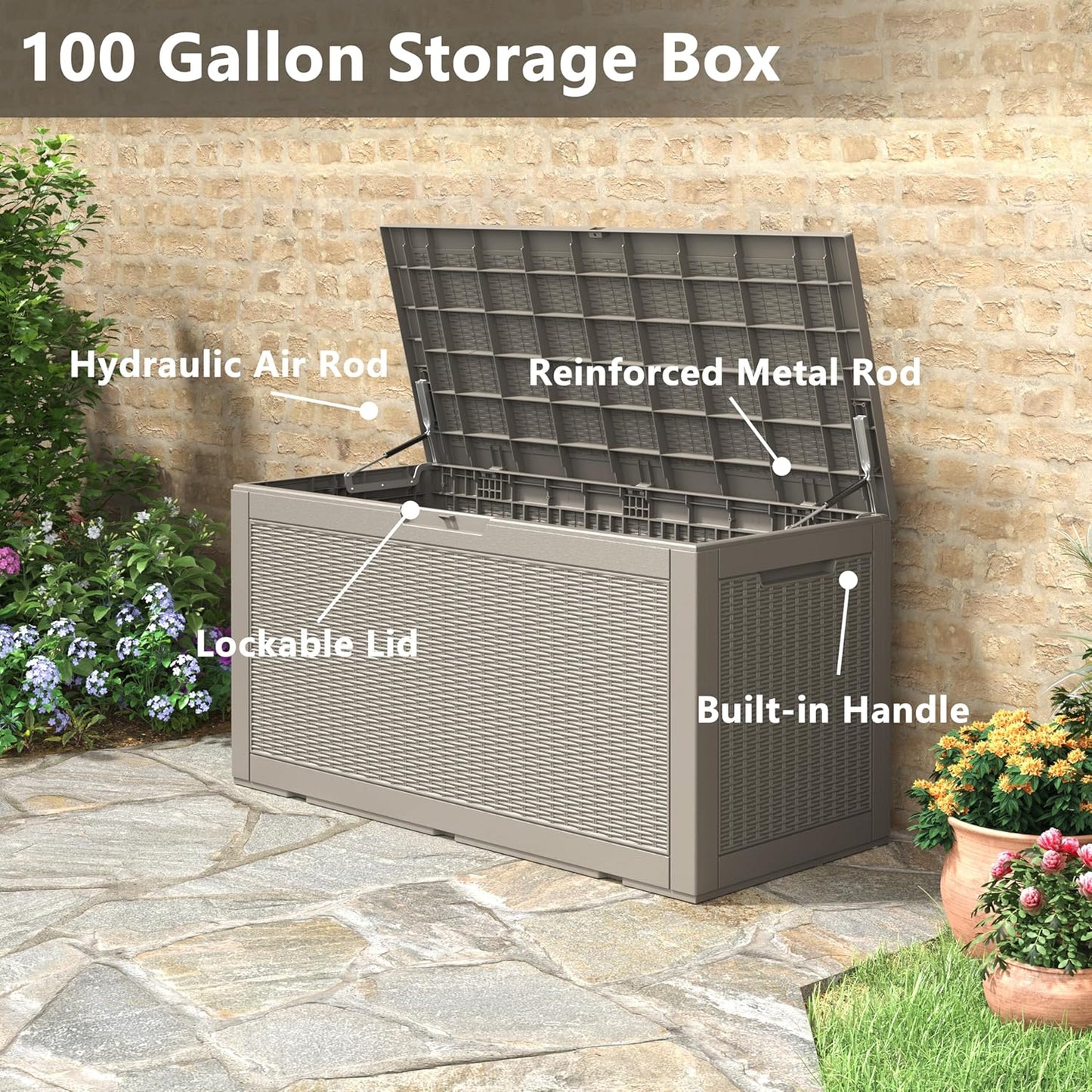 100 Gallon Deck Box Lockable Rattan Outdoor Storage Box waterproof Outdoor Container for Patio Furniture Cushions, Pillow