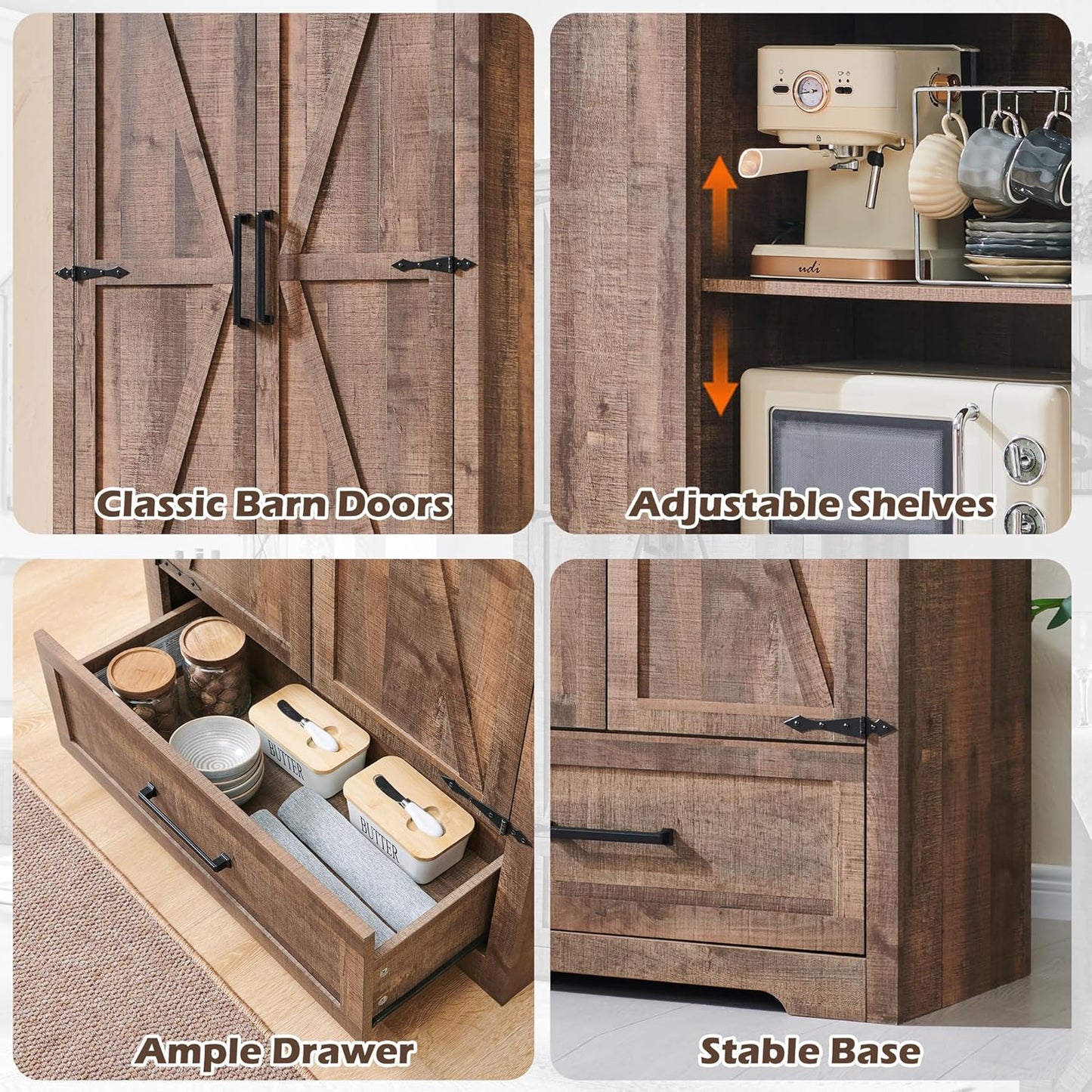 72" Tall Wood Storage Cabinet, Farmhouse Kitchen Pantry Cabinet with Adjustable Shelves & Drawer & Barn Doors, Versatile Storage for Kitchen, Dining Room, Bathroom, Light Brown