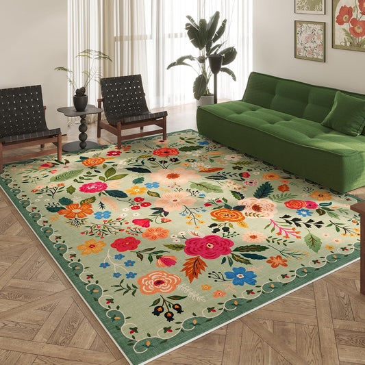 Area Rugs 8x10 Rug for Living Room Clearance Washable Boho Area Rug Non Slip Floral Vintage Low Pile Large Rug for Living Room, Bedroom, Farmhouse, Dining Room, Kids Playroom(Green)