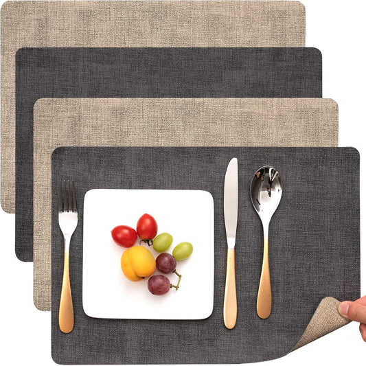 Myir JUN Placemats Dual Sided, Faux Leather Place Mats Set of 4 Indoor Placemat for Dining Table Outdoor Place Mat Manteles Individuales Square Non-Slip Washable Table Mats (Gray Beige, Set of 4)