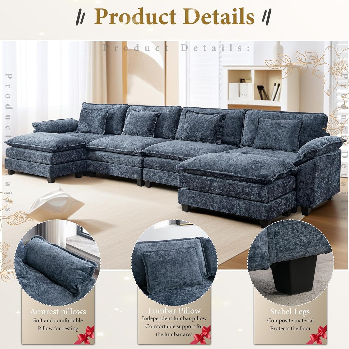 URRED Modular Sectional Sofa Comfy Cloud Couch, Modern Chenille Sofa Sleeper Deep Seat Couches with Ottoman/Pillows for Living Room (Blue, 154'' - U Shape)