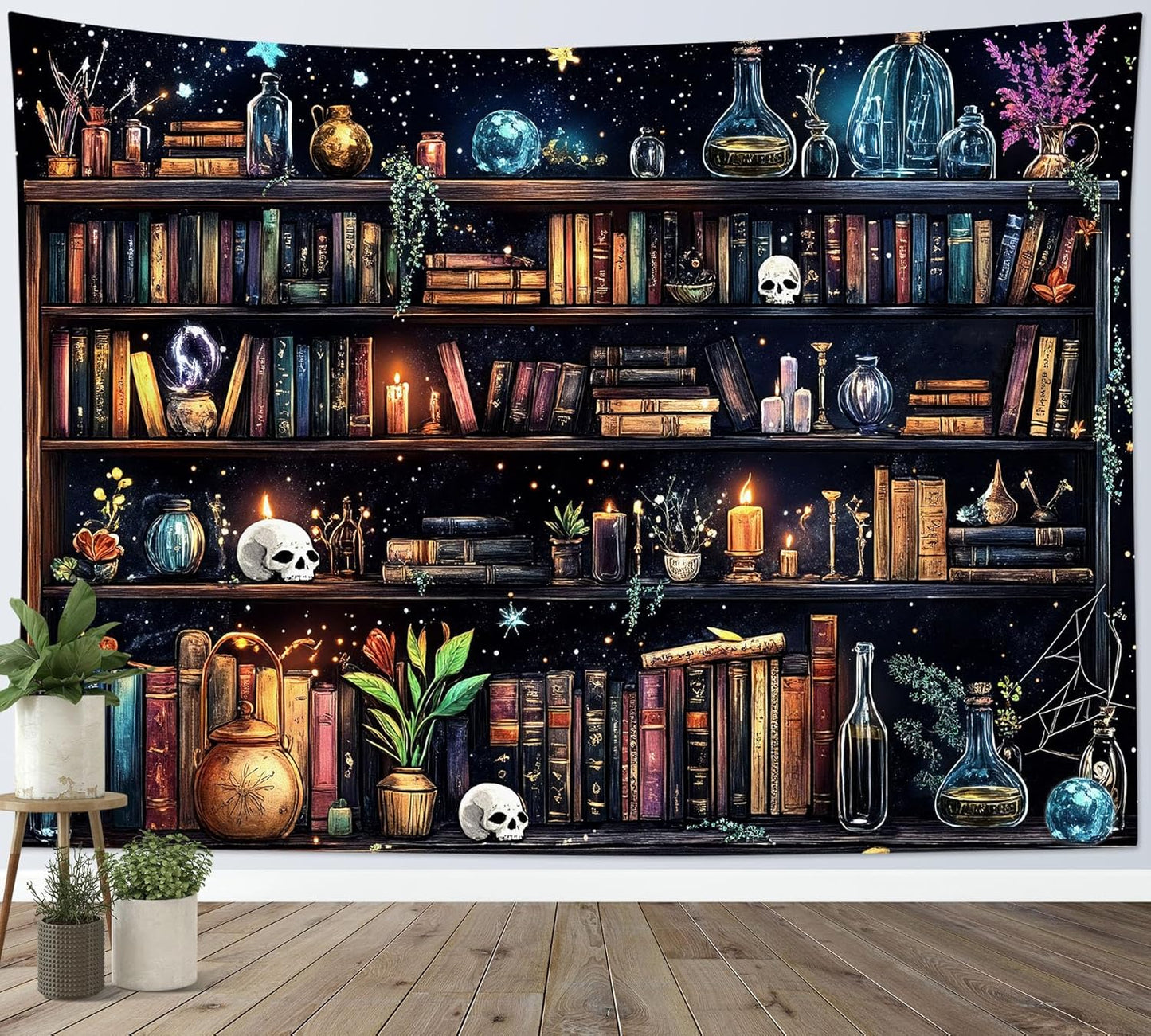 HVEST Magic Bookshelf Tapestry Wall Hanging Vintage Bookshelf Witchy Books Plant Skull Gothic Halloween Wall Decor Starry Sky Tapestry for Bedroom Living Room Dorm, 60L x 80W Inches