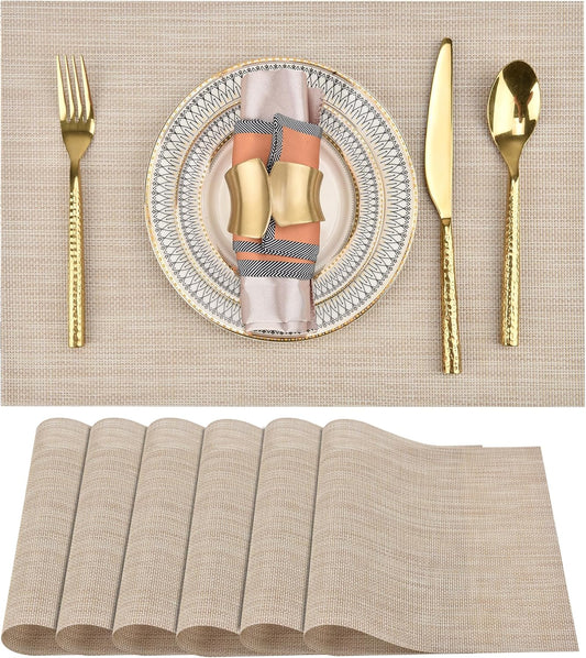 Placemats Set of 6 - Easy Clean Washable Vinyl Placemats - Wipeable Heat Resistant Table Mats for Dining Table - 17.7x11.8 Inch (6, Beige)