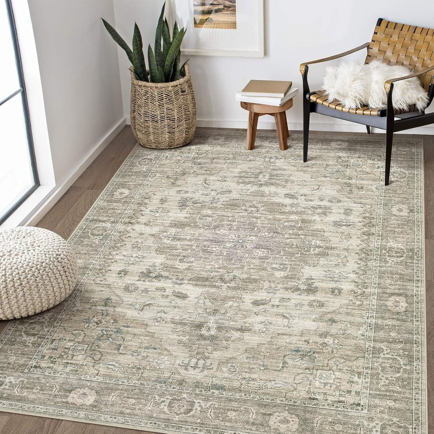 Washable Area Rugs for Living Room - 5x7 Neutral Vintage Distressed Floral Farmhouse Boho Large Soft Floor Rug Indoor Non Slip Carpet for Living Room Bedroom Dining Room Office - Brown/Tan