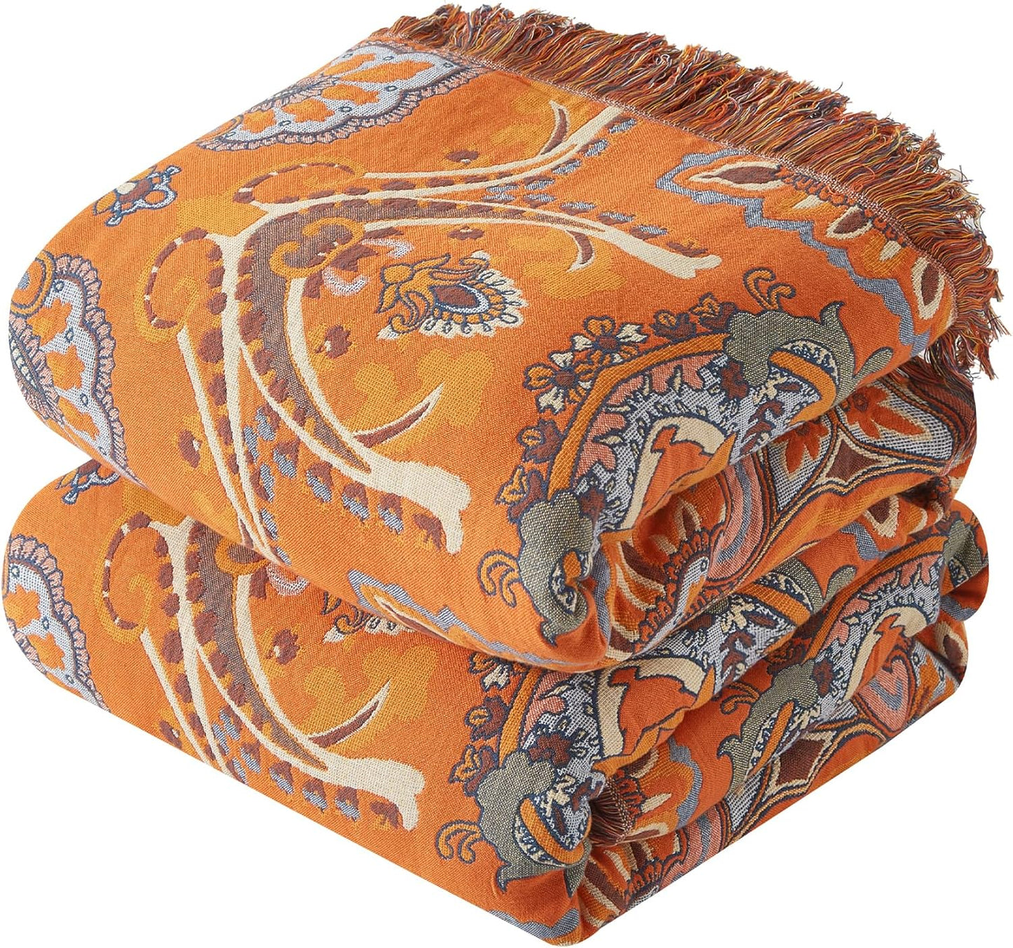 Boho Throw Blanket for Couch Sofa Bed, 100% Cotton Woven Quilt with Tassel 80”x90”, Super Soft Muslin Blanket with Oriental Universe Printed, Decorative Reversible Bed Blanket/Cover for All Seasons