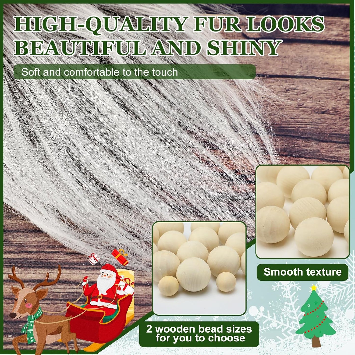 Sosation 60 Pcs Gnomes Beard Sets Faux Fur Pre Cut Gnomes Beard Foam Cone Foam Handmade Wood Balls for Halloween Christmas Day Crafts(Grey, Brown, White)