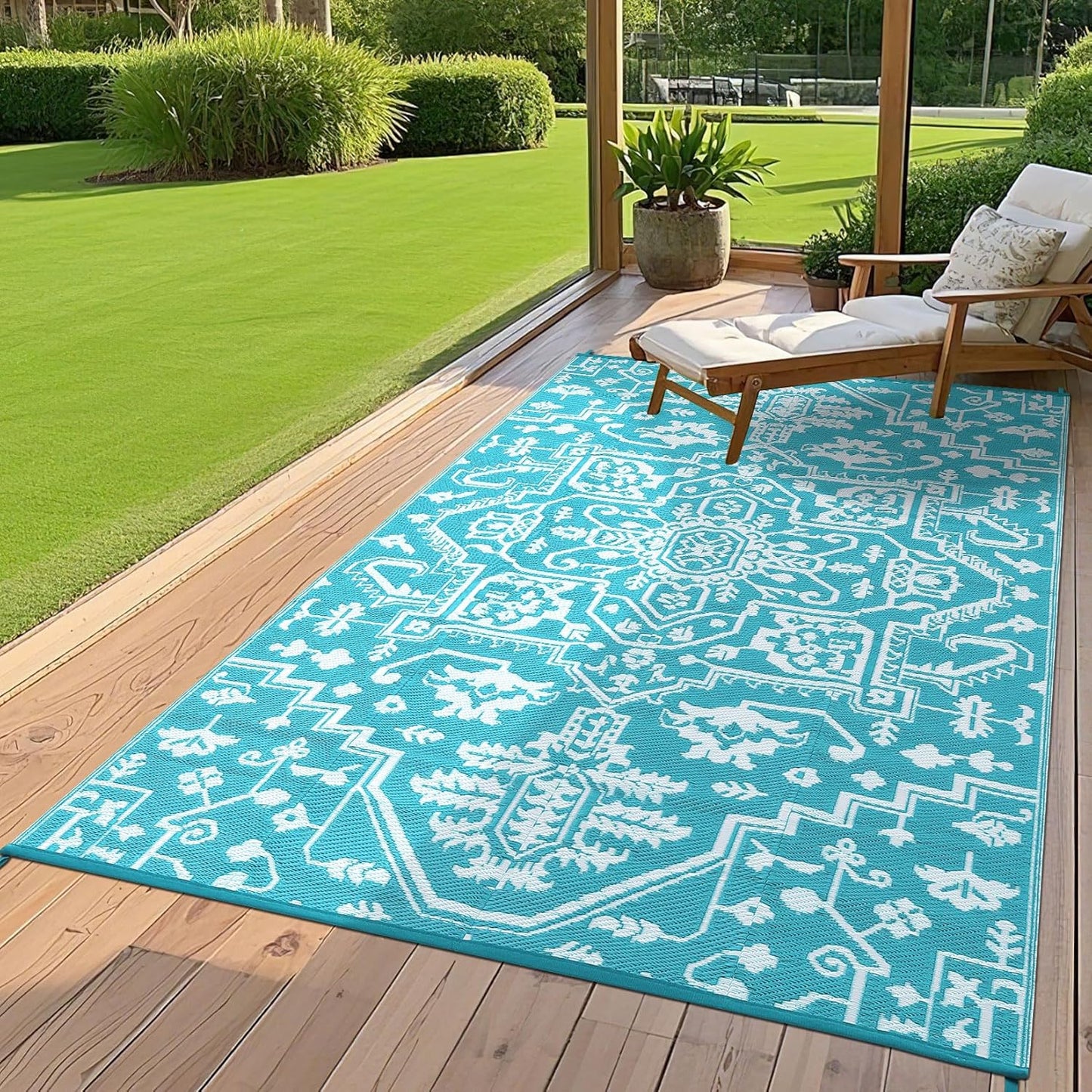Outdoor Rug 9x12 Waterproof Reversible Plastic Straw Patio Rug, Stain-Resistant Vintage Medallion Carpet, Large Easy-Cleaning Indoor Outdoor RV Mat for Deck, Camping, Balcony, Light Blue/White