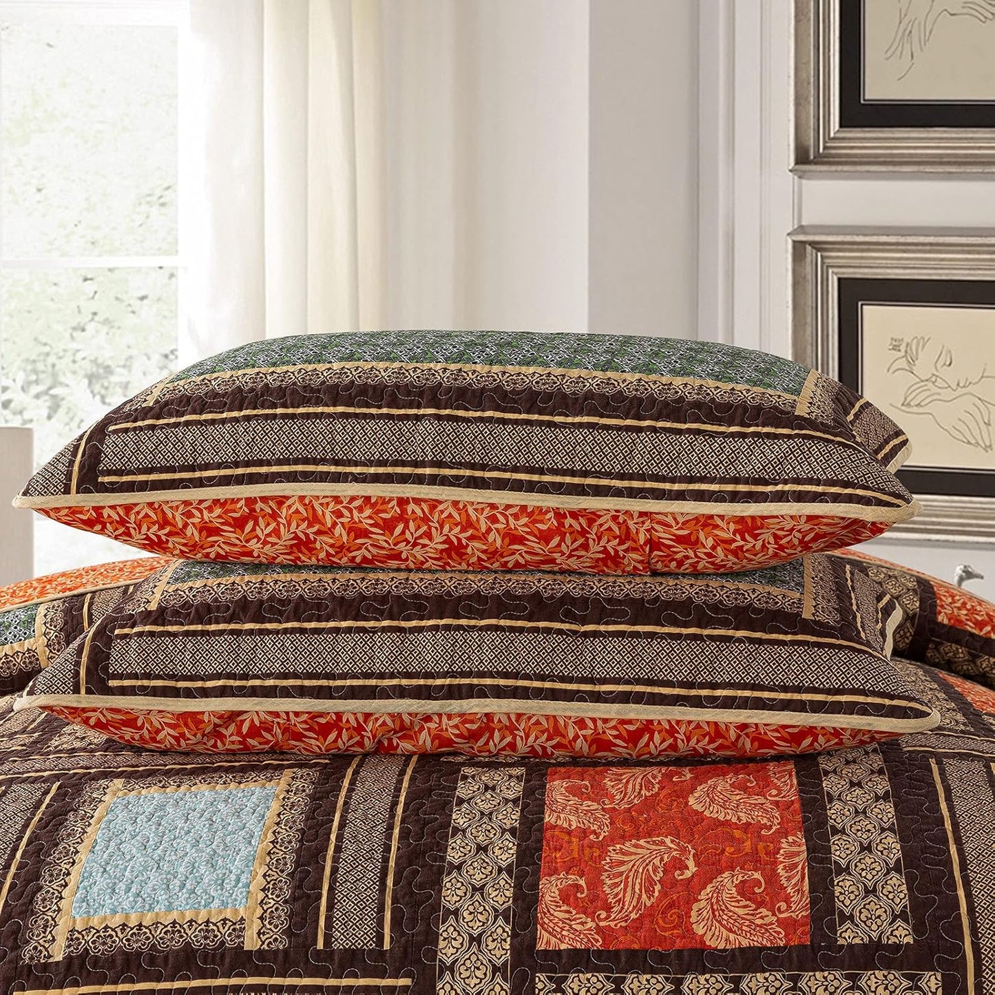 NEWLAKE Cotton Patchwork Bedspread, 3-Piece Bedding Quilt Set with Real Stitched Embroidery, Reversible Matelasse Bed Coverlet Set,Bohemian Farmhouse,Twin Size