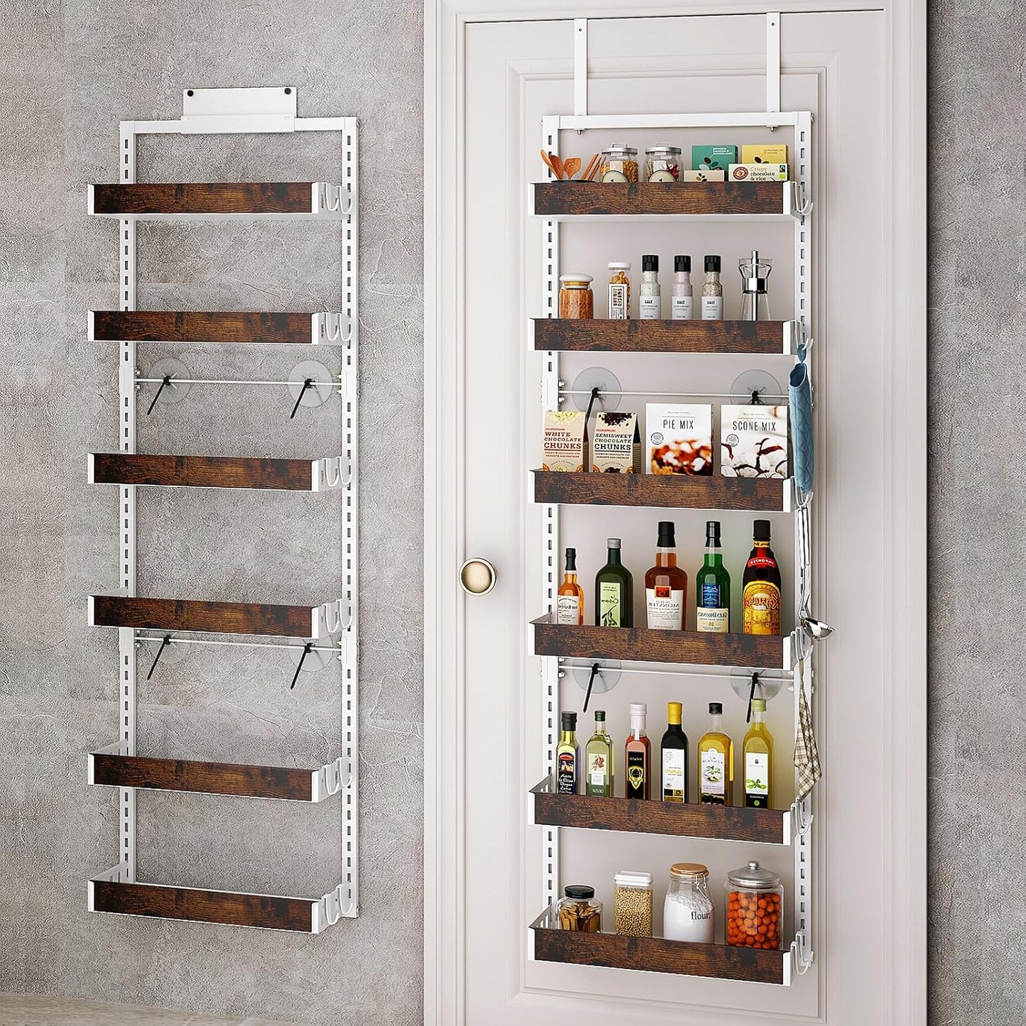 bukfen Over the Door Pantry Organizer, 6-Tier Adjustable Wooden Basket Kitchen Pantry Door Organization and Storage, Heavy-Duty Metal Hanging Kitchen Spice Rack,D6.3 x W17.71 x H50.60 inch,White