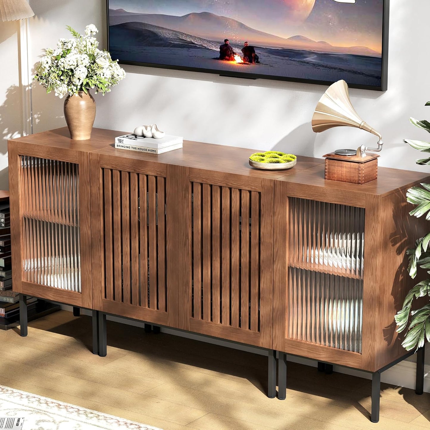 Farmhouse TV Stand for TVs up to 70 Inch, Entertainment Center TV Console with Storage Cabinets and Glass Doors,Media Console for Living Room,Brown