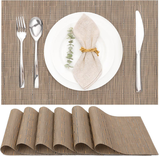 Myir JUN Placemats Set of 6, Vinyl Woven Placemats Place Mats Indoor Washable Table Mats Non-Slip Place mats for Dining Table (Light Brown, Set of 6)