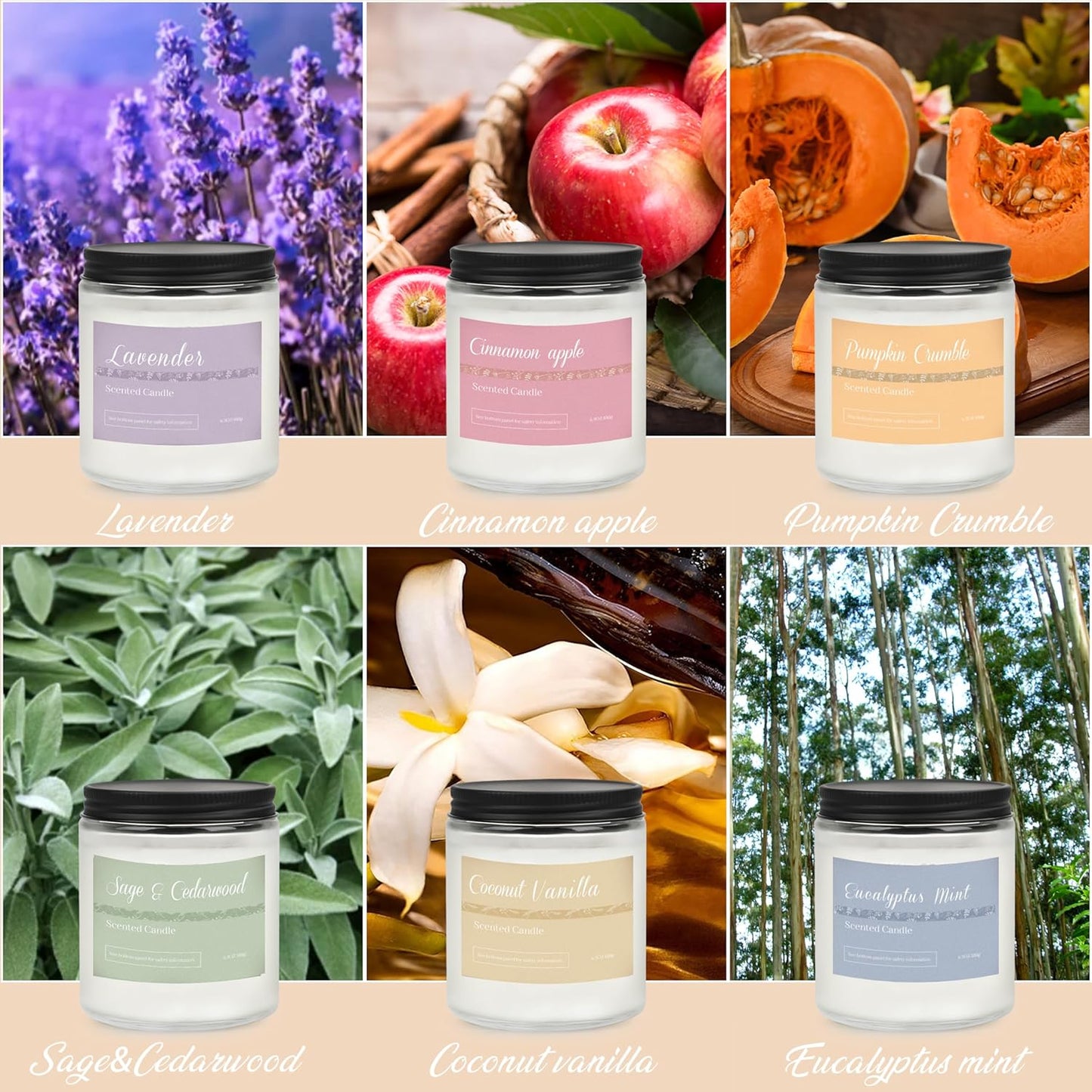 6 Pack Fall Candles for Home Scented, Fall Scented Candles for Women Gifts Autumn Home Decor, Natural Non Toxic Soy Candle Set Pumpkin/Cinnamon Apple/Vanilla/Lavender/Sage/Eucalyptus