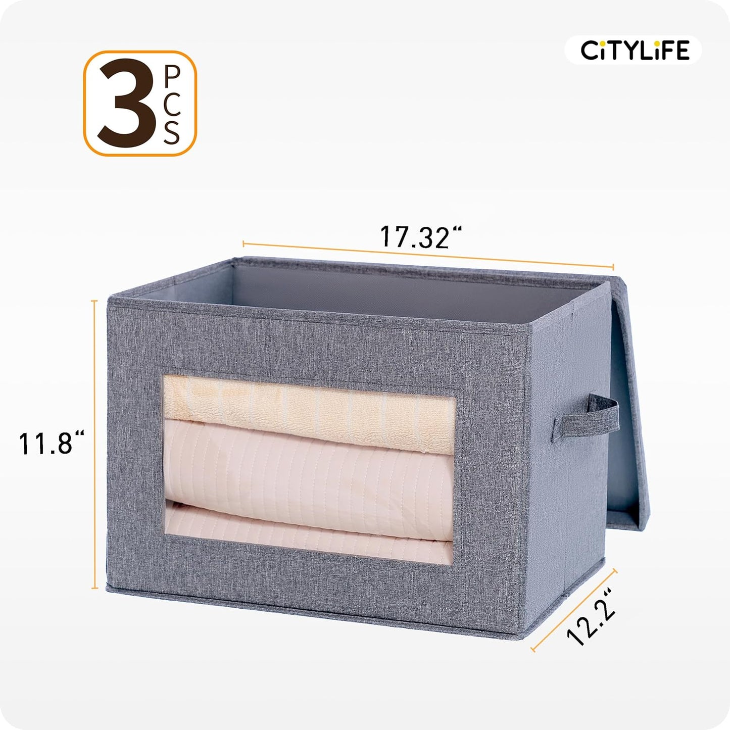 Citylife 3-Pack Collapsible Storage Bins with Lids, Linen Fabric Foldable Storage Boxes, Cube Closet Organization for Clothes, Blankets and Books, Gray