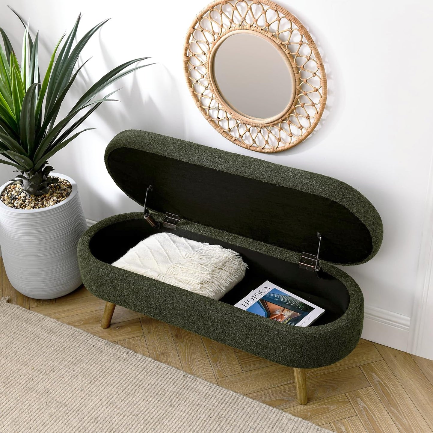 Oval Storage Bench 43.5" Linen Fabric Upholstered Entryway Bench with Solid Wood Legs Ottoman Bench Indoor Bench for Living Room/Bedroom/End of Bed/Entryway (Dark Green)