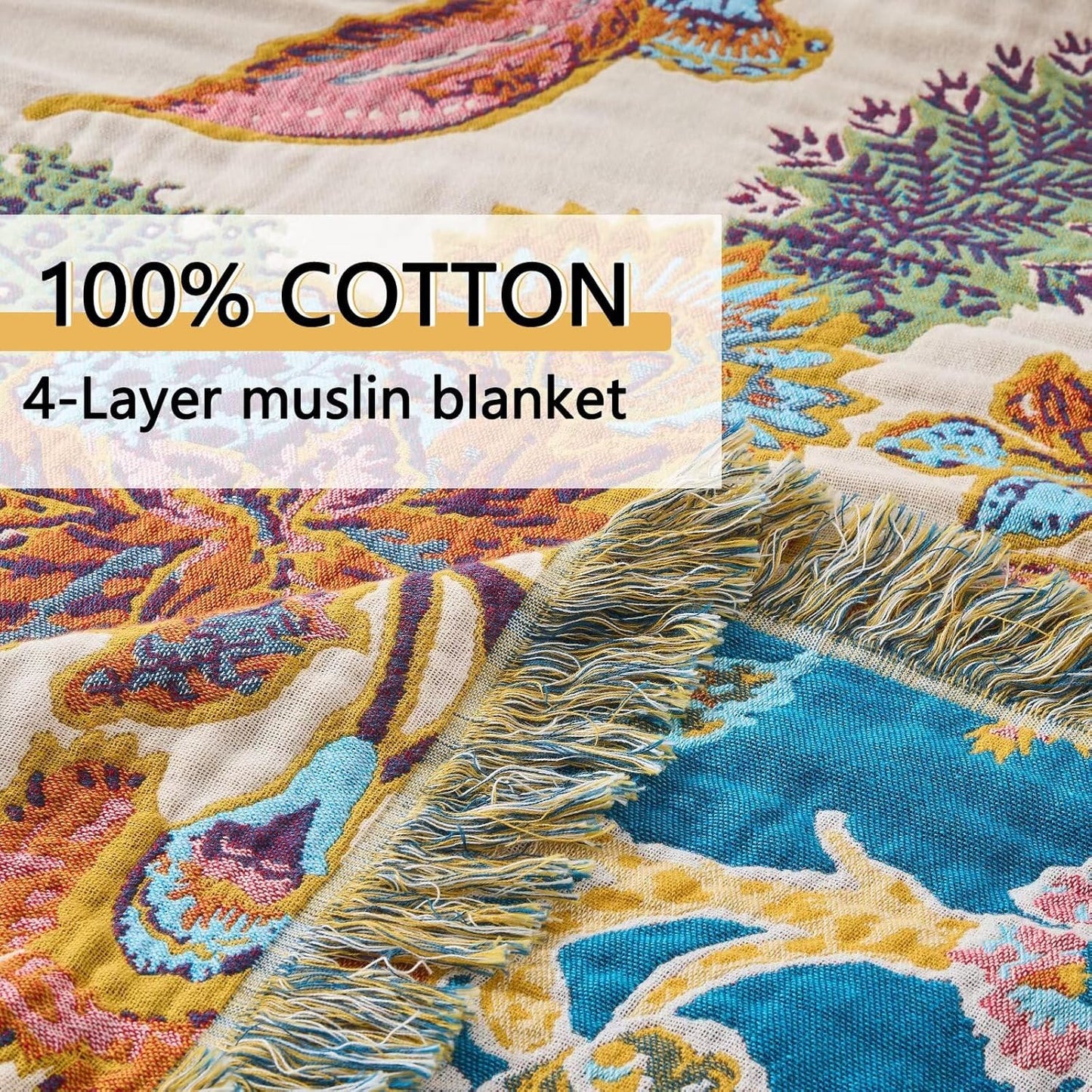 100% Cotton Summer Boho Throw Blanket, King Size Living Room Reversible Blanket, Boho Floral Bird Colorful Retro Quilt Ultra Soft Reversible Gauze Blanket for All Season, 90"x98"