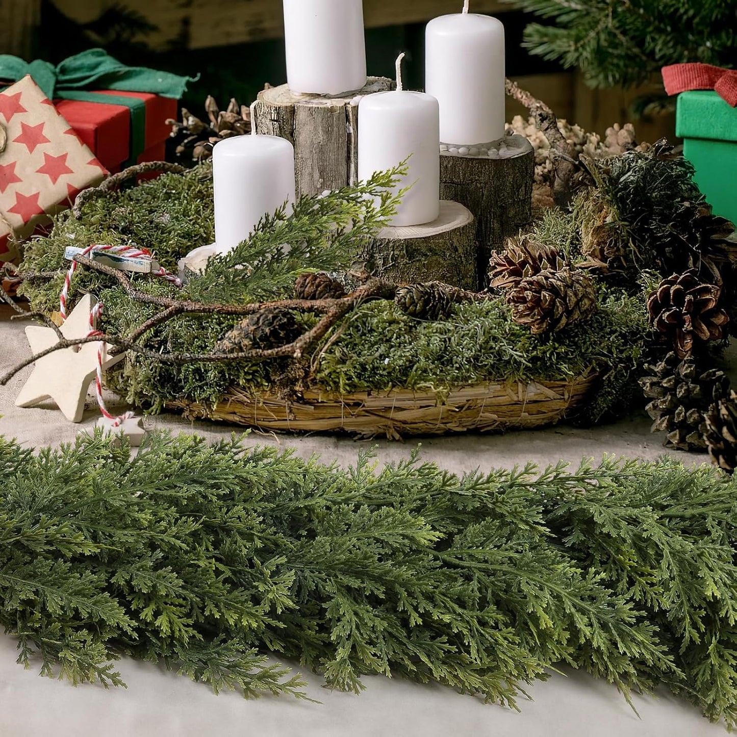 N&T NIETING 9ft Christmas Cedar Garland with Realistic Soft Thickness Pine, Artificial Green Faux Cedar Pine Garland for Fireplace Mantle Fireplace Indoor Outdoor Holiday Party Home Decoration