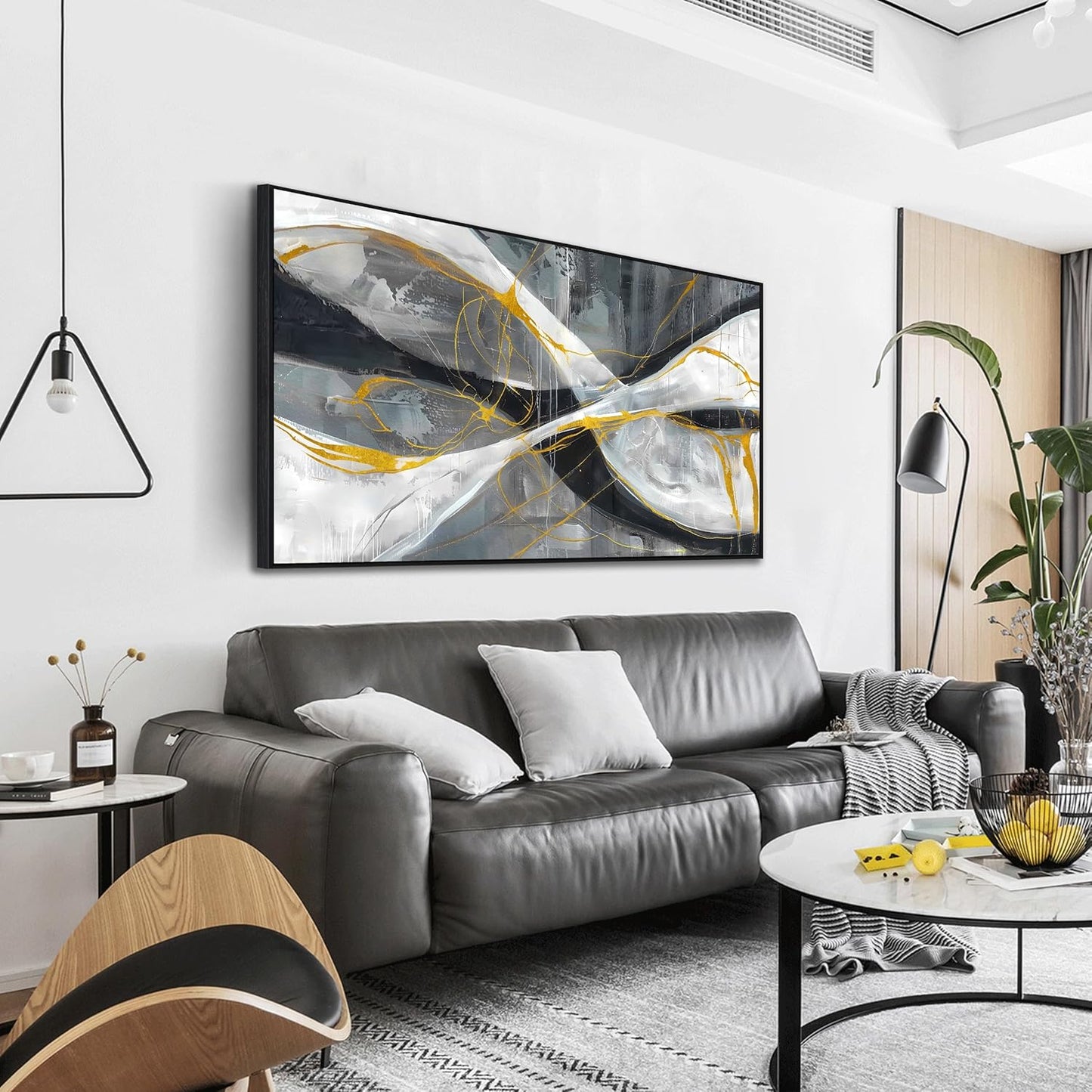 Ouzzlie Abstract Wall Decor Art Modern Canvas Picture Black White and Gold Wall Art for Bedroom Office Decoration 24" x 48"
