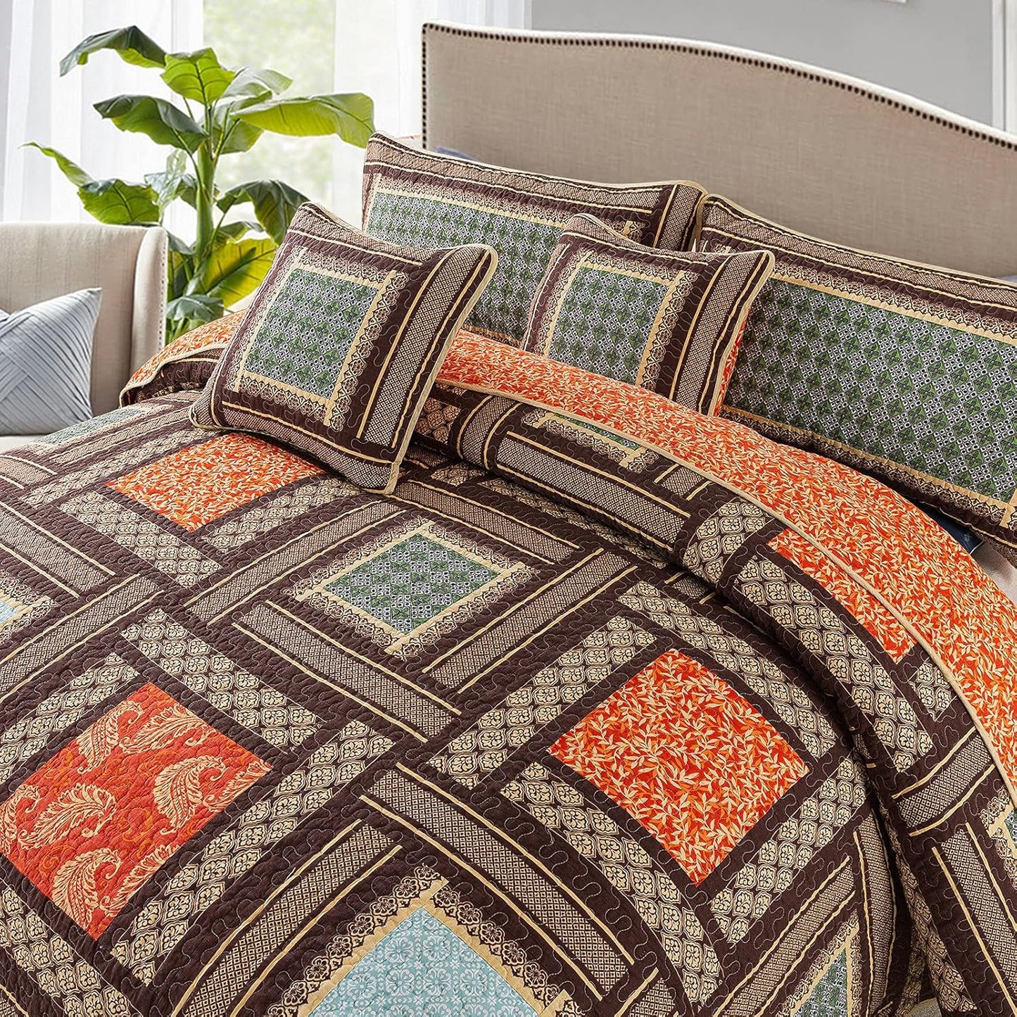 NEWLAKE Cotton Patchwork Bedspread, 3-Piece Bedding Quilt Set with Real Stitched Embroidery, Reversible Matelasse Bed Coverlet Set,Bohemian Farmhouse,King Size