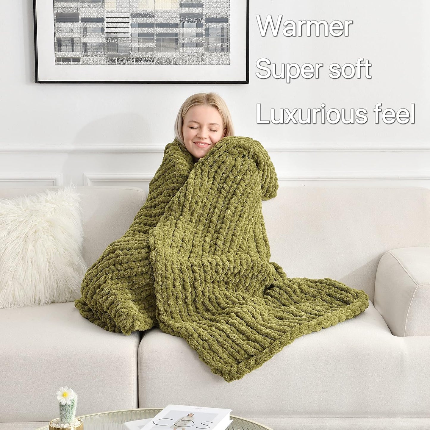 Maetoow Tighter Version Chenille Chunky Knit Blanket Throw 60×80 Inch, Handmade Warm & Cozy Blanket Couch, Bed, Home Decor, Soft Fleece Banket, Boho Thick Blankets and Giant Yarn Throws，Olive Green