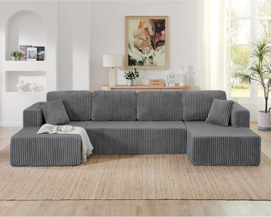 HYJT-H&K Modular Sectional Sofa Cloud Secttional Couch, 132" Comfy U Shaped Couches for Living Room, Deep Seat Memory Foam Fluffy Plush Corduroy Boneless Couch Sectionals with Chaise, Grey