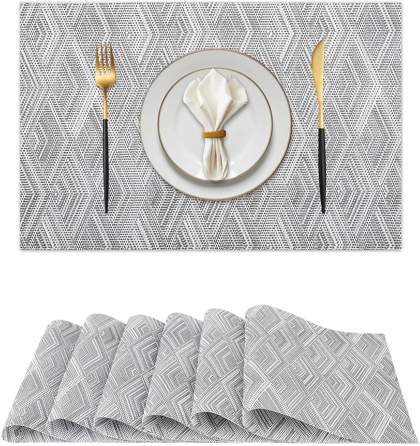 Vinyl Plastic Placemats Set of 6 Washable Heat Resistant Non-Slip Elegant Indoor Outdoor Kitchen Dining PVC Woven Table Place Mats (Grey Rhombus)