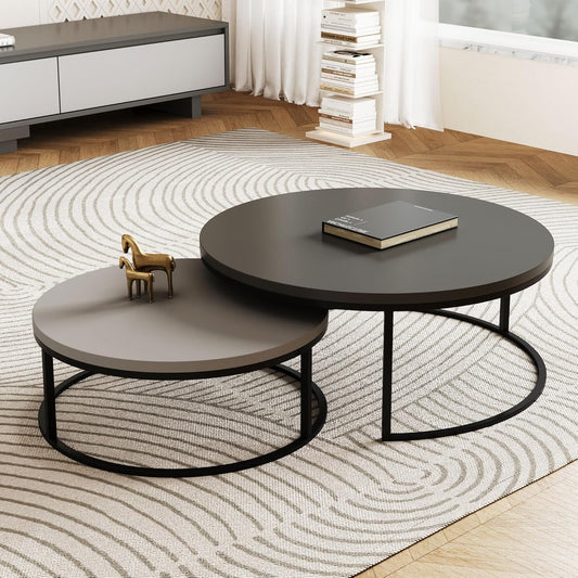 Modern Round Coffee Table Set, Nesting Cocktail Tables with Black Metal Legs, Dark Gray/Light Gray, Easy Assembly, 31.5/23.7 Inches, Perfect for Living Room, Bedroom, or Lounge