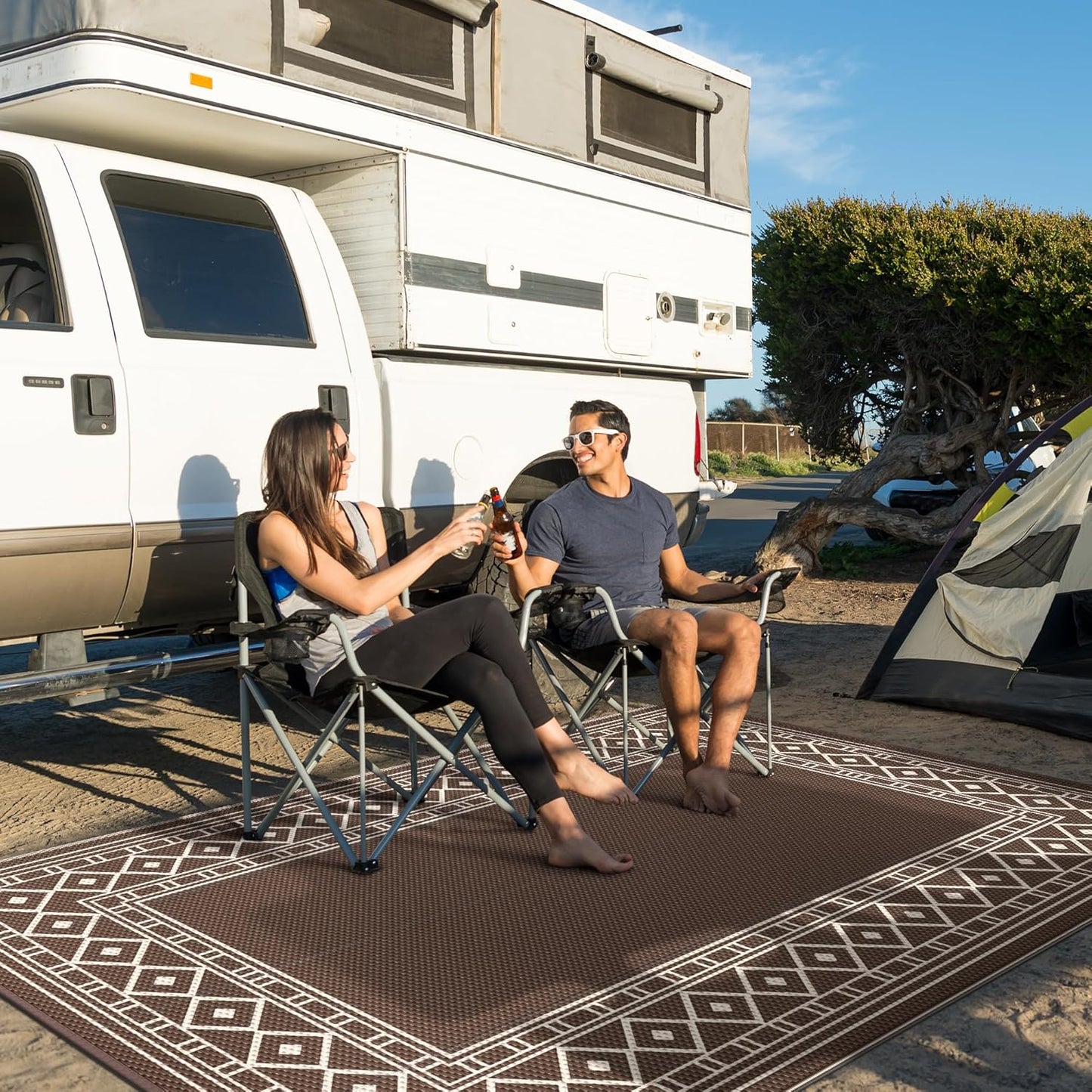 GENIMO Outdoor Rug Waterproof for Patio Decor, 6'x9' Foldable Reversible Plastic Straw Carpet for Travel Trailers, Outside Area Mat for Rv, Deck, Picnic, Porch, Camper, Balcony, Beach, Coffee & Beige