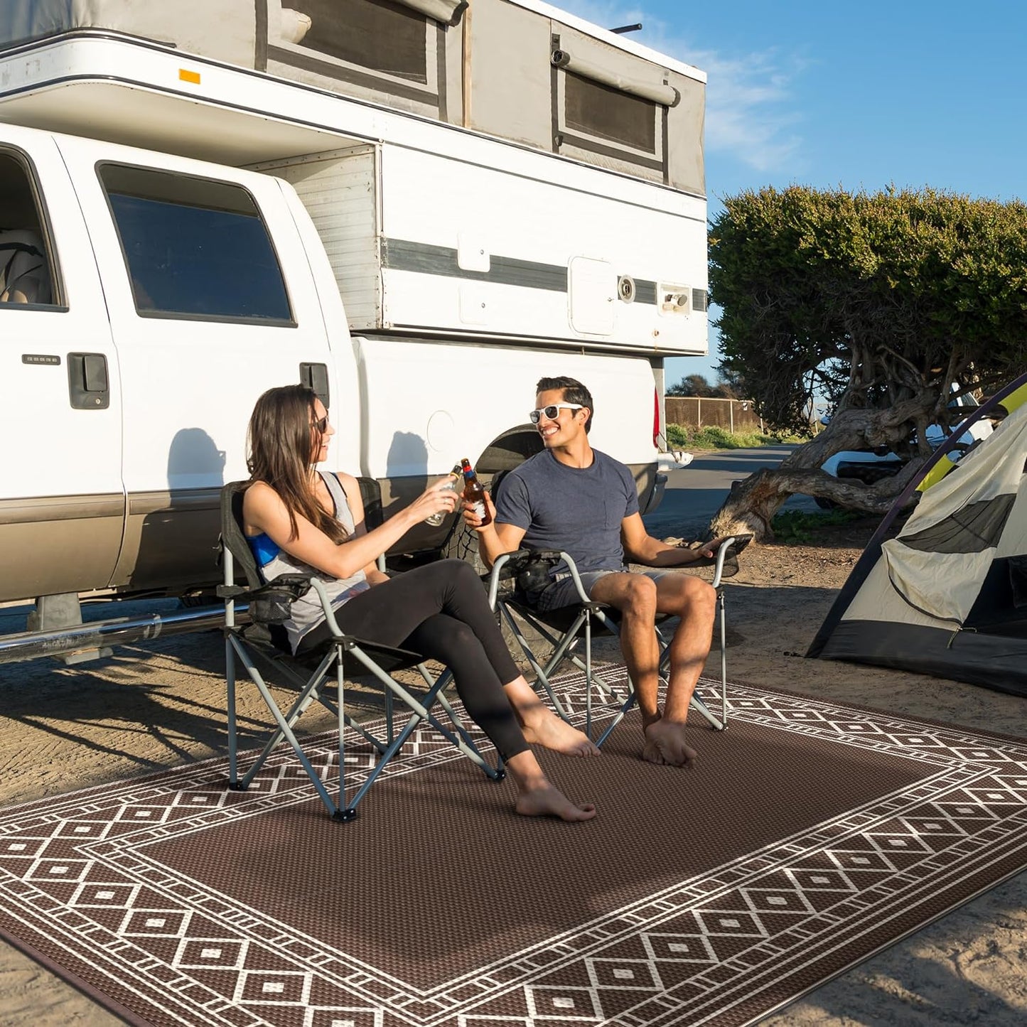 GENIMO Outdoor Rug Waterproof for Patio, 8'x10' Foldable Reversible Plastic Straw Carpet for Travel Trailers, Outside Area Mat for Rv, Deck, Picnic, Porch, Camper, Balcony, Beach, Coffee & Beige