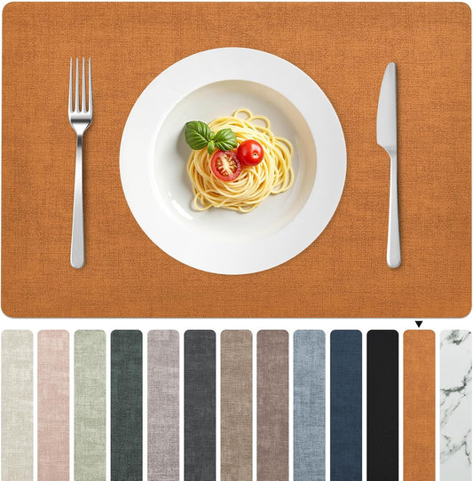 FROMHEART Faux Leather Placemats Set of 12–Waterproof,Heat/Oil Stain-Resistant PU Table Mat–Reversible,Non-Slip,Easy to Clean Place Mats for Kitchen,Dining,Indoor/Outdoor,(Orange-Grey,11.8" x 17")
