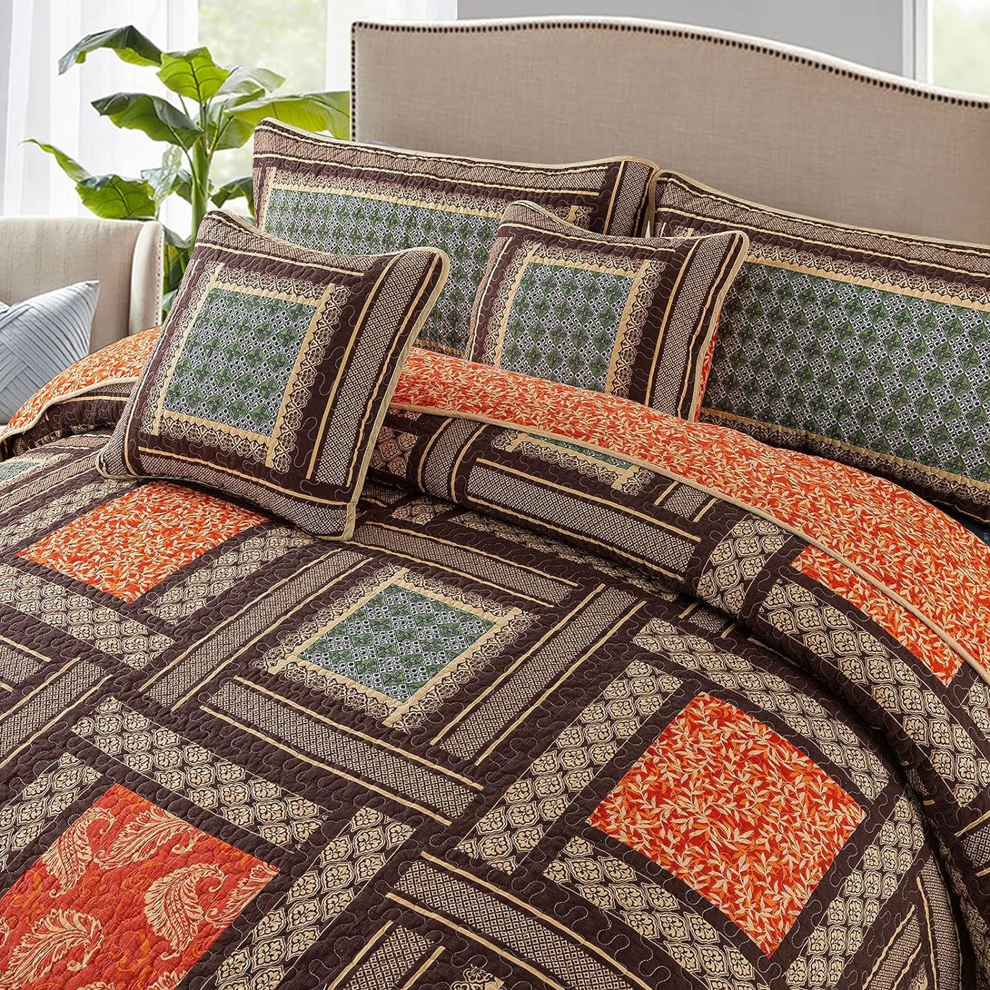 NEWLAKE Cotton Patchwork Bedspread, 3-Piece Bedding Quilt Set with Real Stitched Embroidery, Reversible Matelasse Bed Coverlet Set,Bohemian Farmhouse,King Size