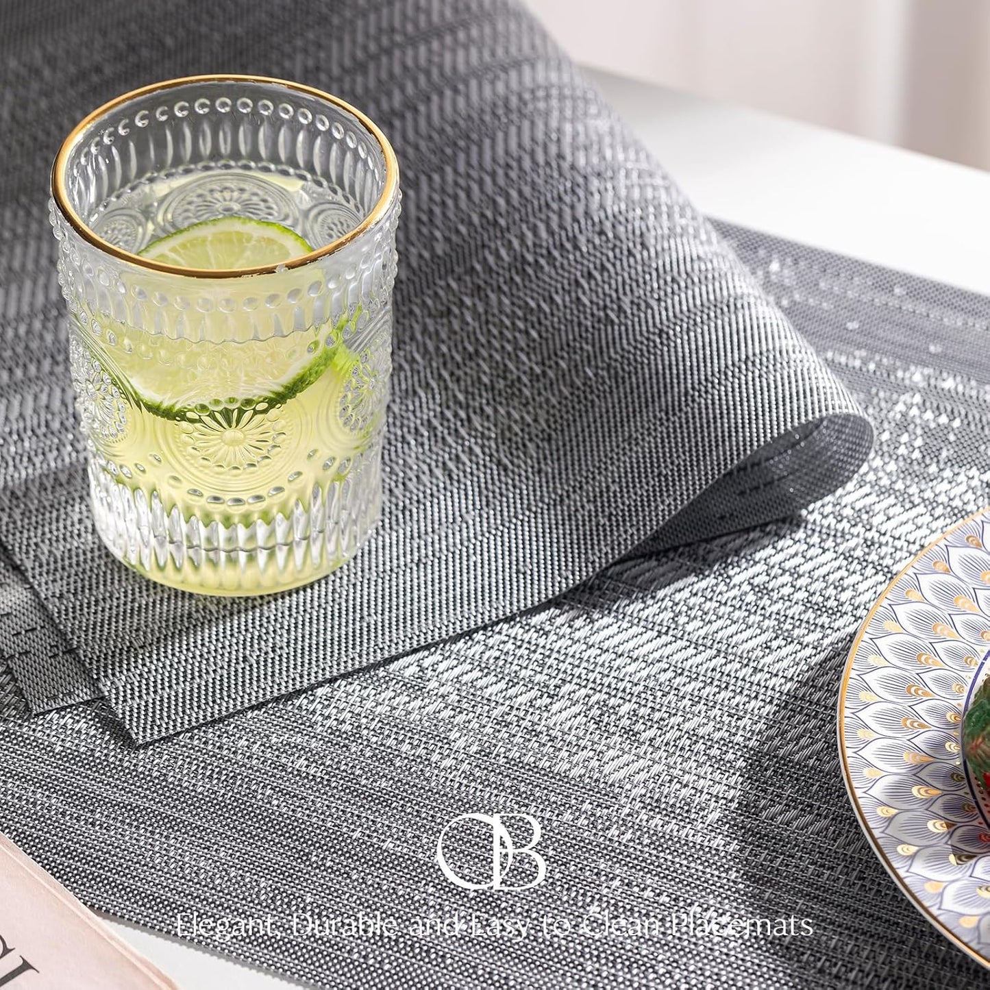 Placemats Set of 6 - Easy Clean Woven Vinyl Placemat for Dining Table, Indoor/Outdoor Place Mats, Washable PVC Table Mats（Gray）