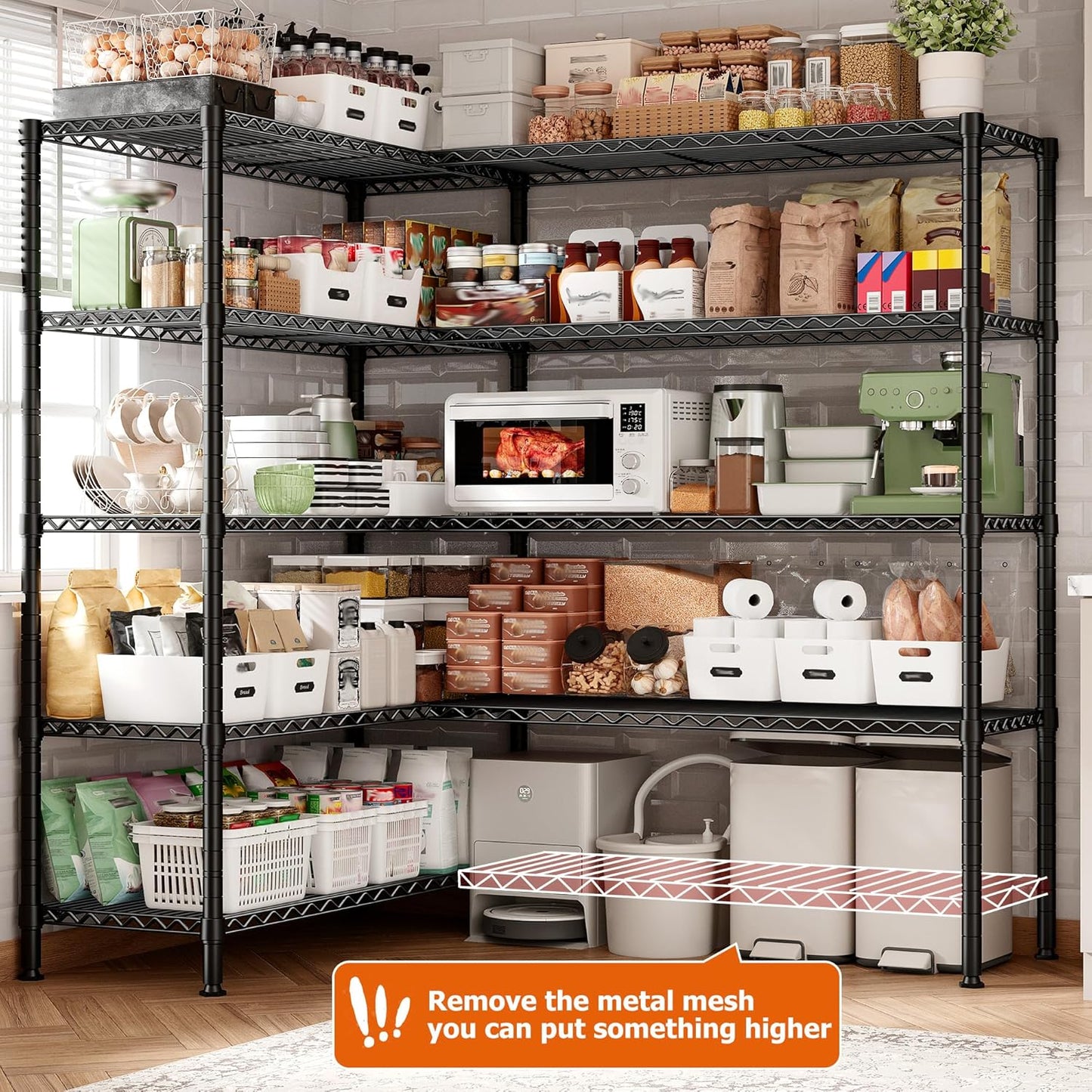 REIBII 1600LBS Storage Shelves Metal Shelving 5 Tier Wire Shelving Unit, 69.8" W Pantry Shelves Kitchen Shelves Adjustable Wire Shelf for Garage Storage Shelves, 69.8" Wx15.8 Dx72.4 H, Black